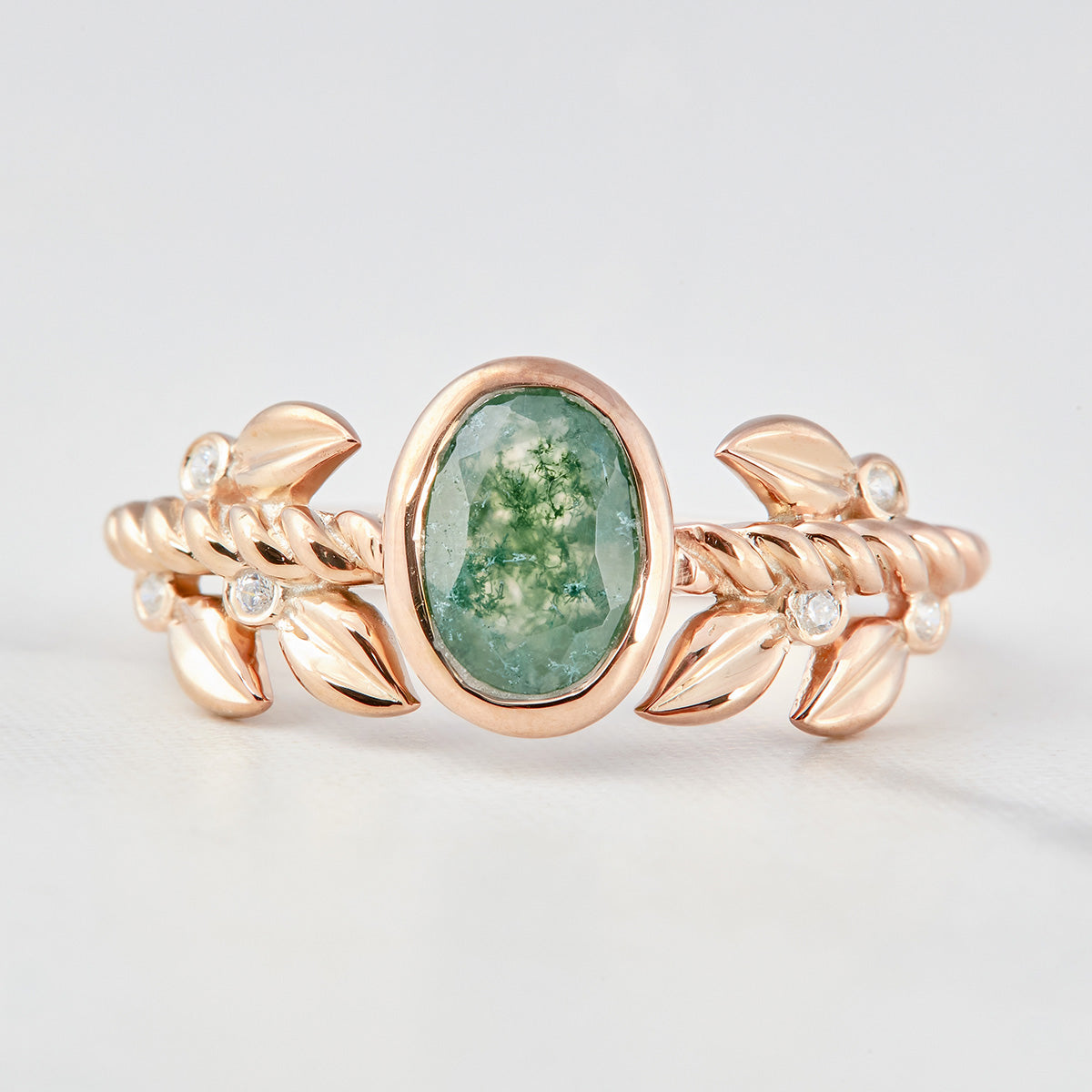 Moss Agate Leaf Engagement Ring Set Oval Floral Nature Inspired