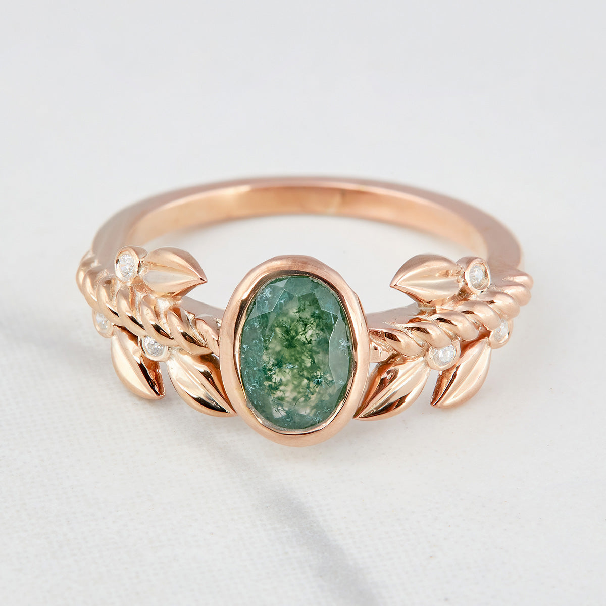 Moss Agate Leaf Engagement Ring Set Oval Floral Nature Inspired