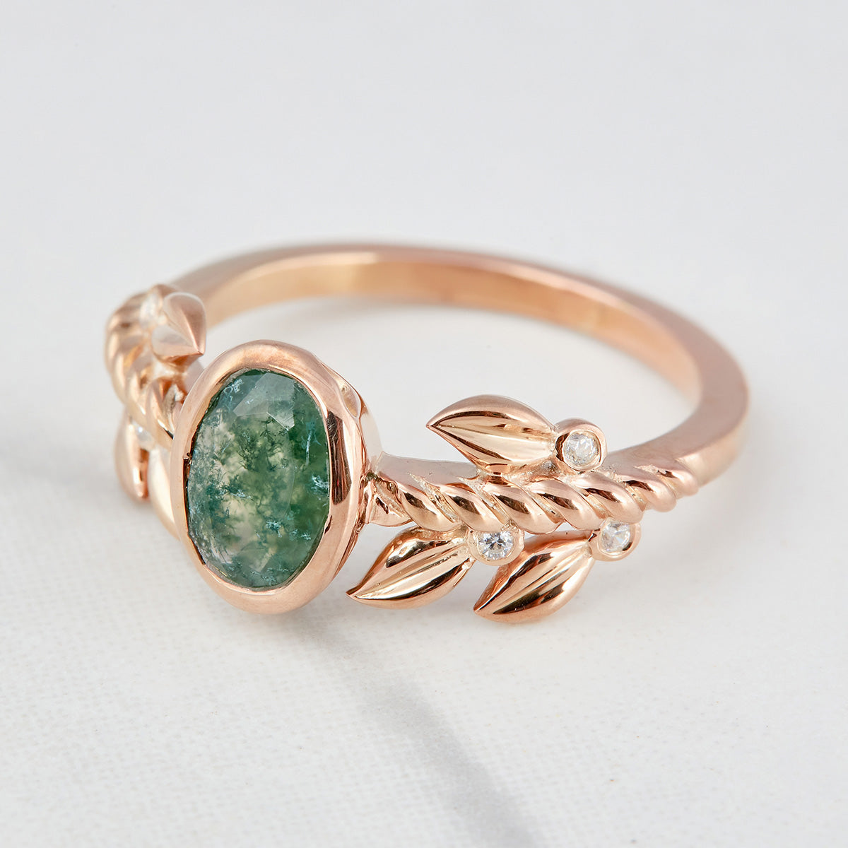 Moss Agate Leaf Engagement Ring Set Oval Floral Nature Inspired