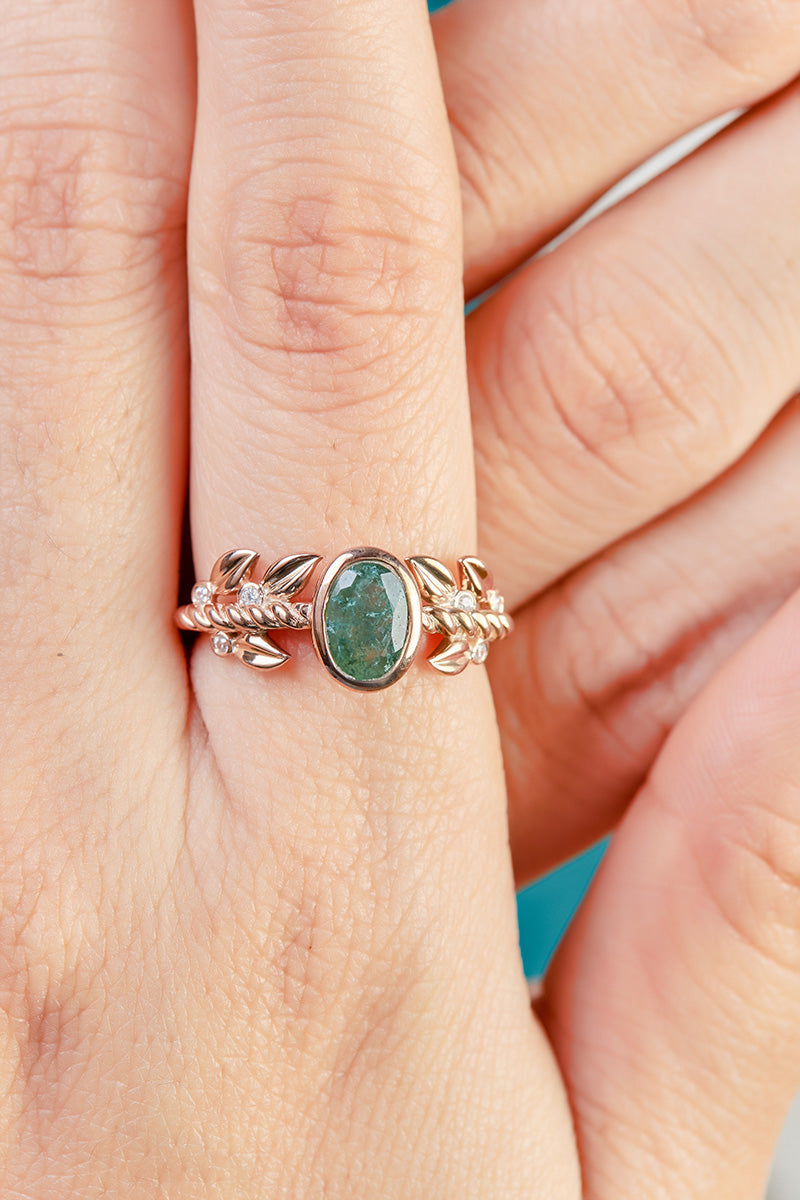 Moss Agate Leaf Engagement Ring Set Oval Floral Nature Inspired