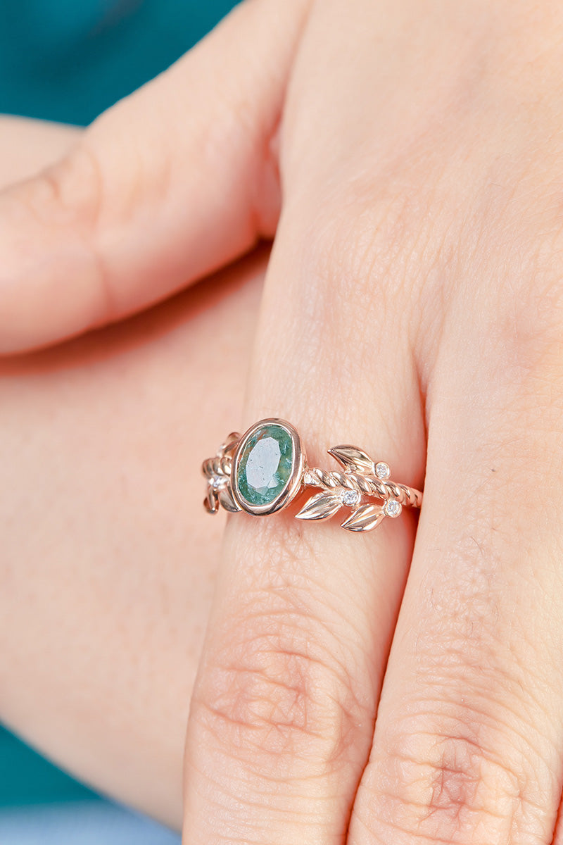 Moss Agate Leaf Engagement Ring Set Oval Floral Nature Inspired