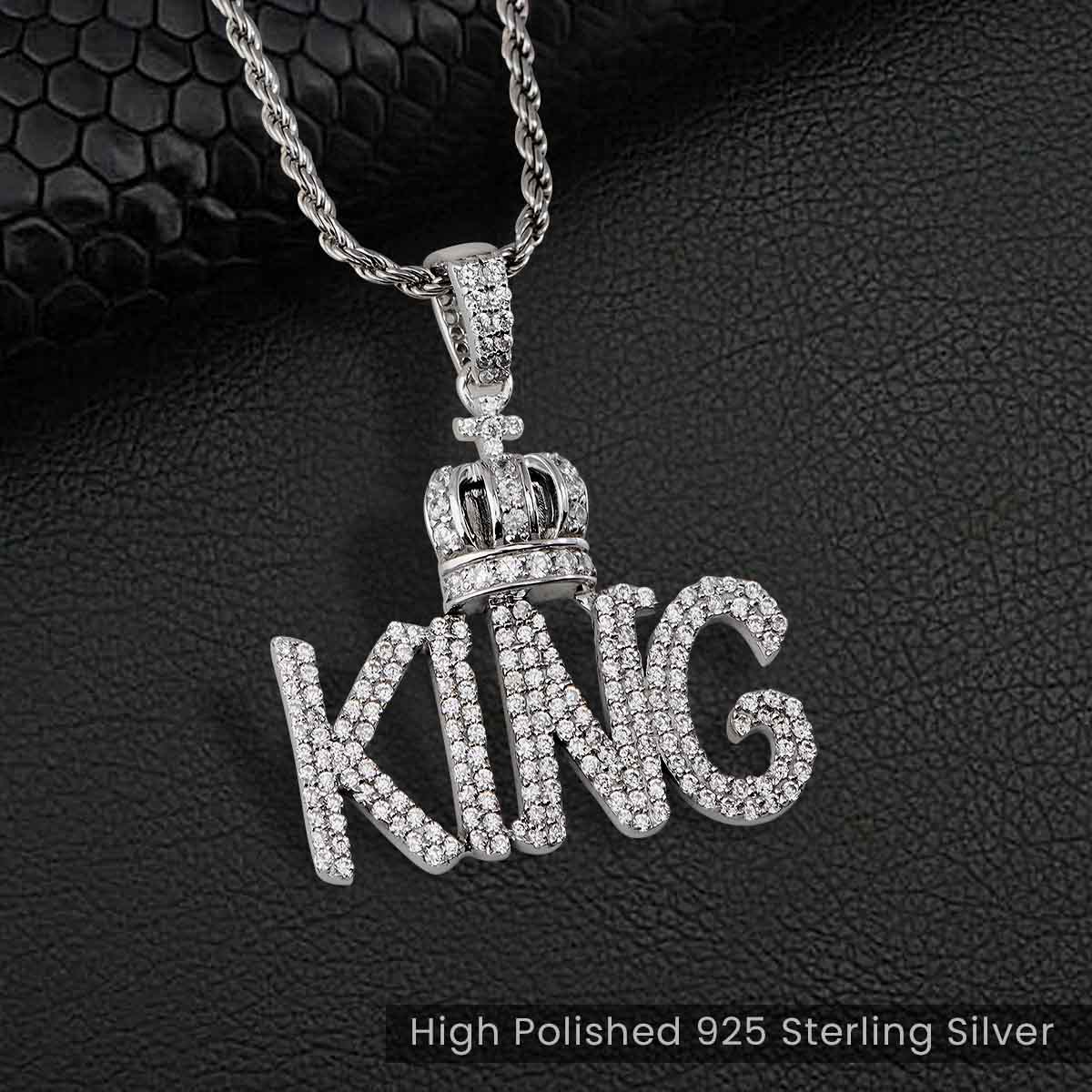 Iced Out KING with Crown Pendant Necklace 925 Sterling Silver Hip Hop Jewelry