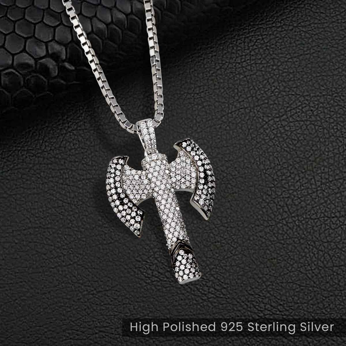 Iced Out Norse Viking Axe Pendant Necklace Hip Hop Jewelry 925 Sterling Silver Silver