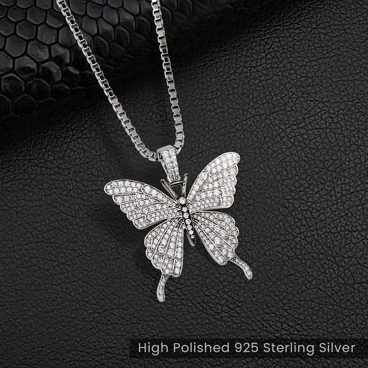 Iced Out Butterfly Pendant Necklace CZ Diamond 925 Sterling Silver Hip Hop Jewelry