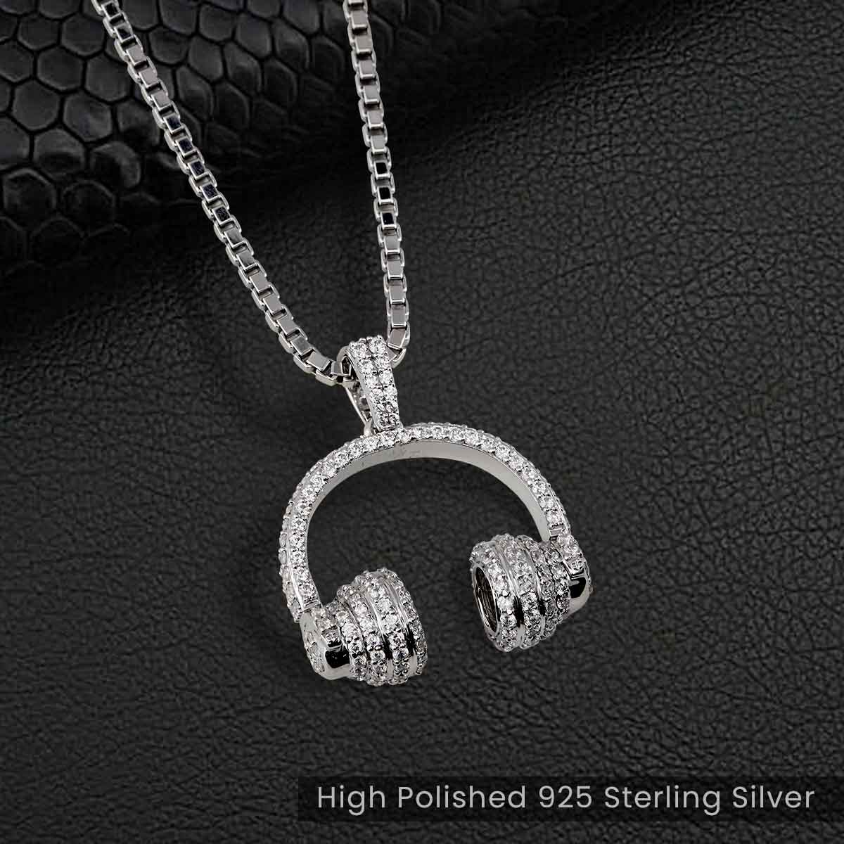 Iced Out Headphone Pendant Necklace Hip Hop Jewelry for Men Women CZ Diamond Sterling Silver