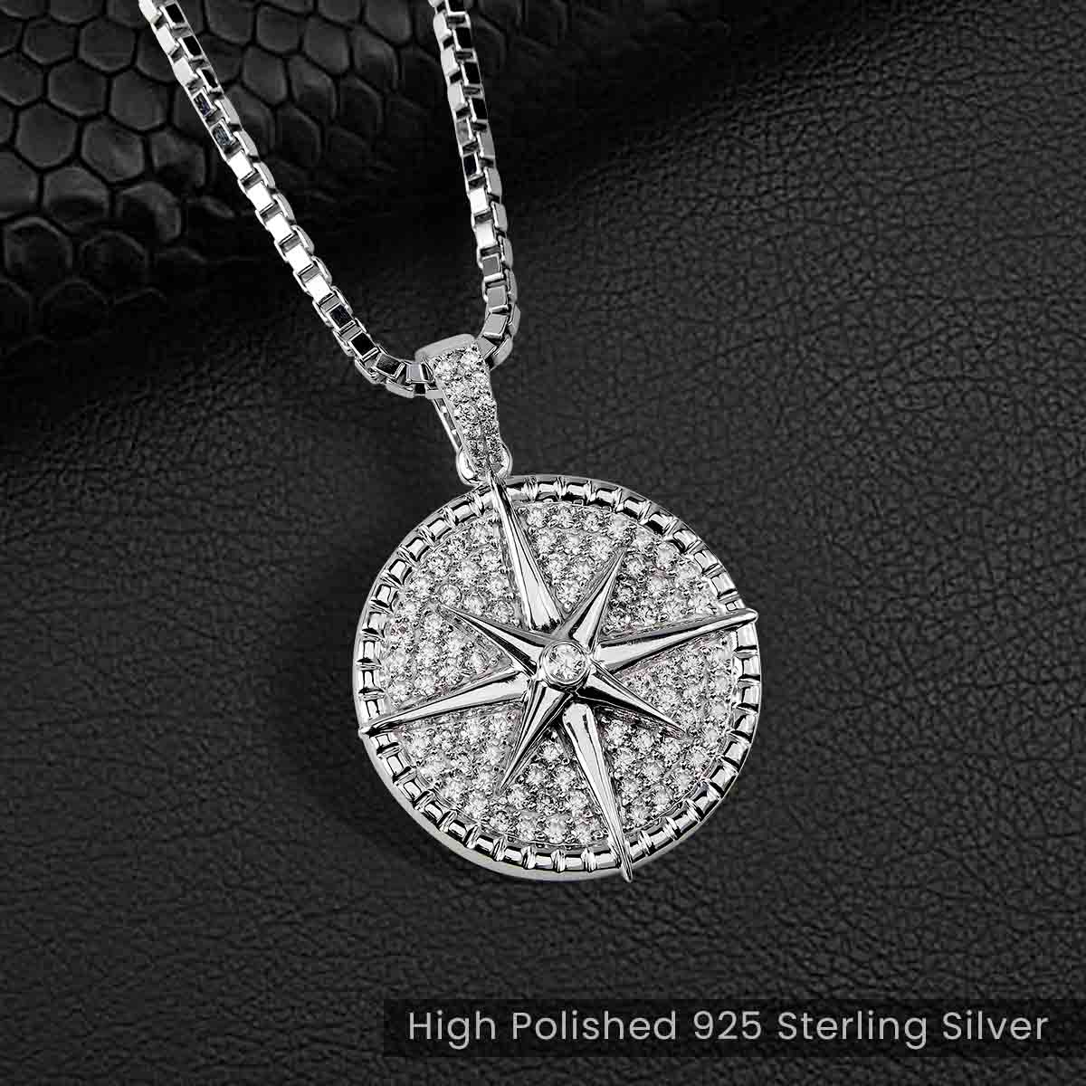 Iced Out Compass Pendant Necklace Nautical Hip Hop Jewelry Sterling Silver Cubic Zirconia Diamond