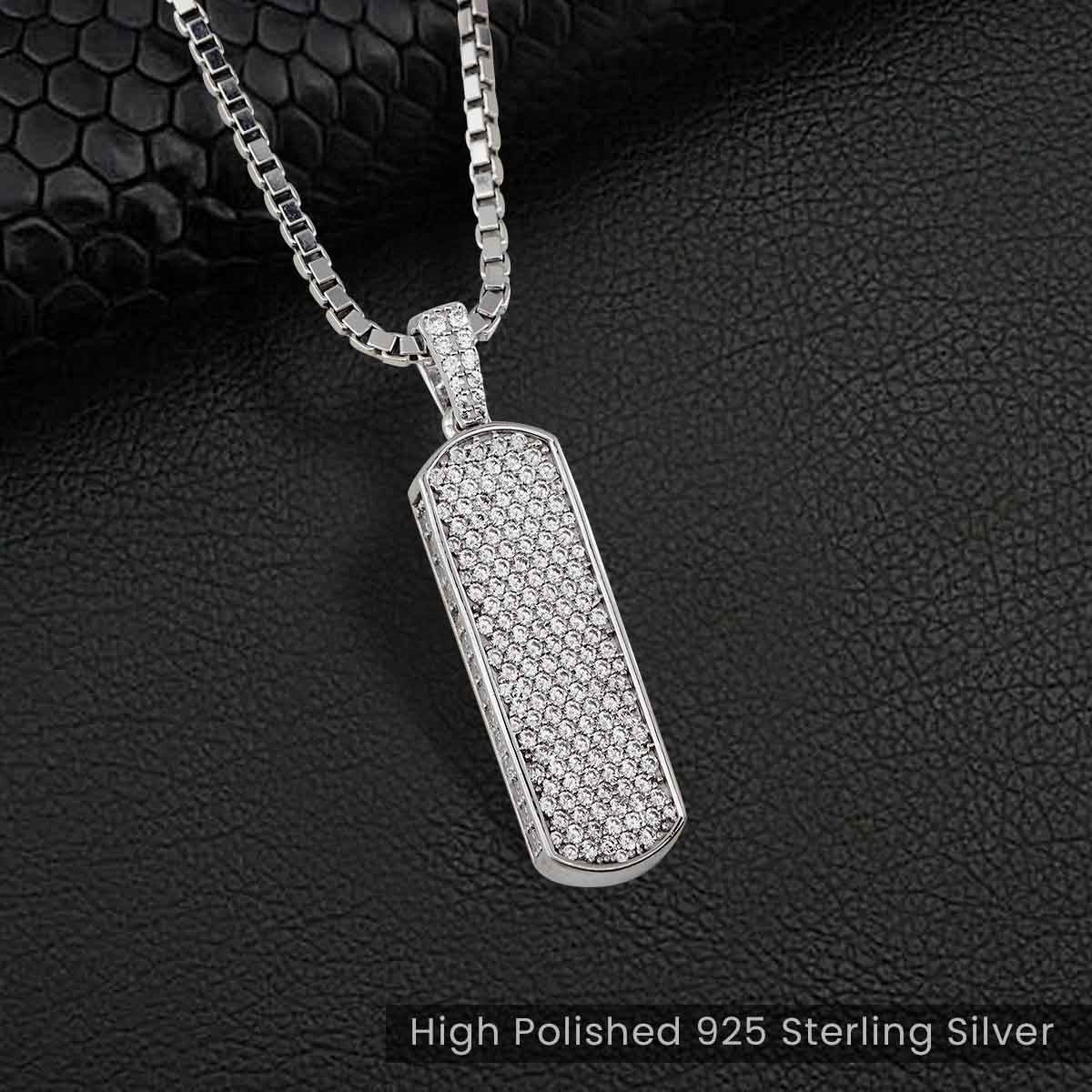 Iced Out Vertical Bar Necklace Hip Hop Pendant Unisex Jewelry Sterling Silver