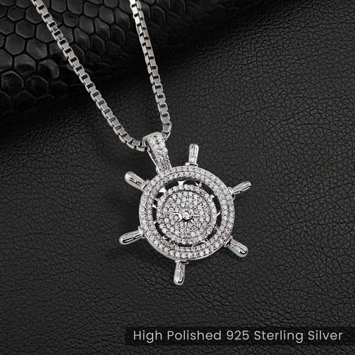 Iced Out Steering Wheel Pendant Necklace Hip Hop Style Nautical Jewelry Sterling Silver Diamond