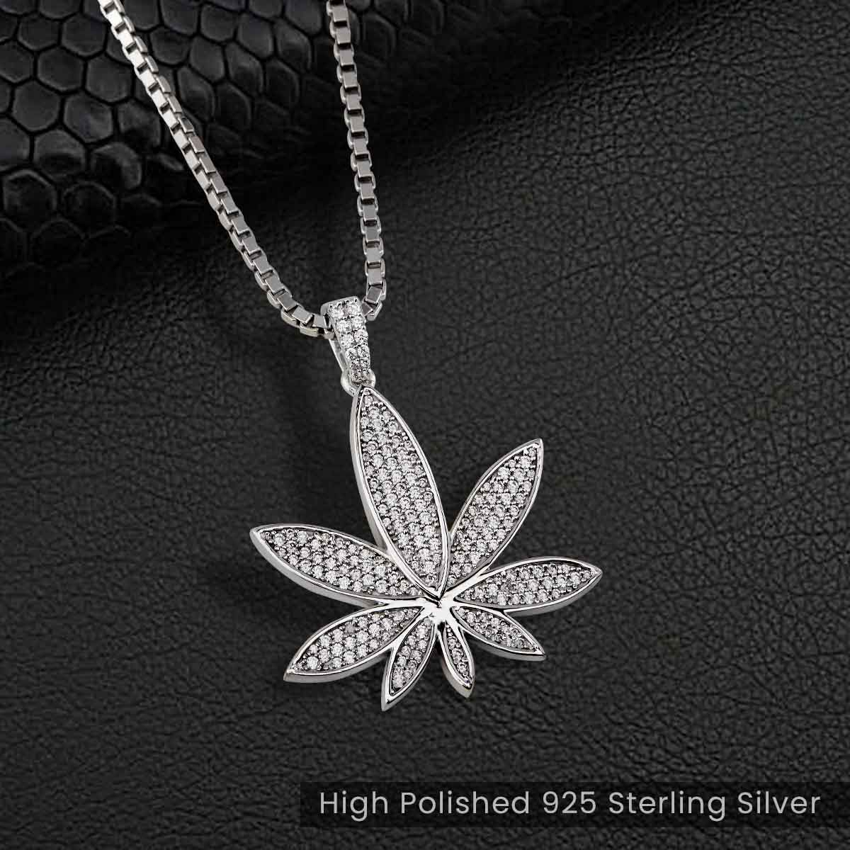 Marijuana Pendant Necklace Hip Hop Iced Out Jewelry Cannabis Leaf 420 Day Sterling Silver Diamond Cubic Zirconia