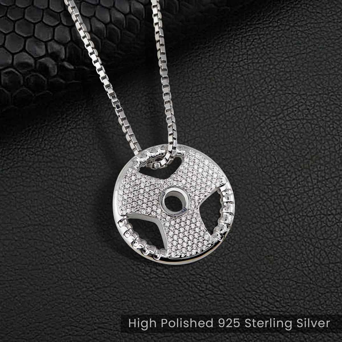 Iced Out Barbell Weight Plate Pendant Necklace Gym Fitness Athlete Sports Hip Hop Jewelry Sterling Silver Diamond