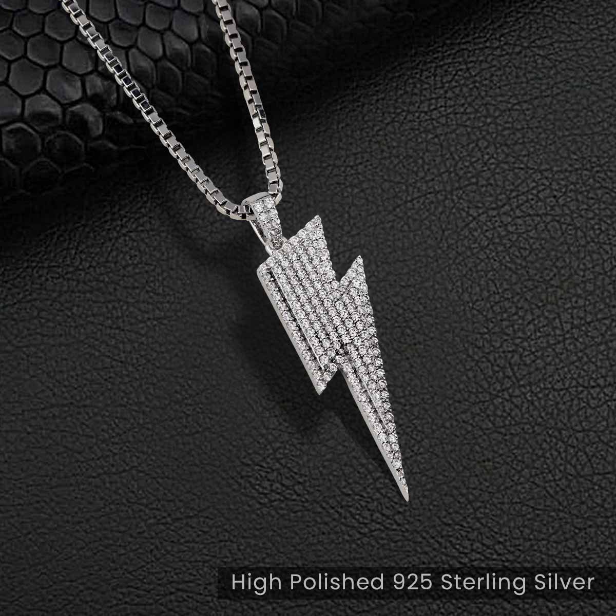 Lightning Bolt Necklace Diamond Iced Out Flash Pendant Sterling Silver