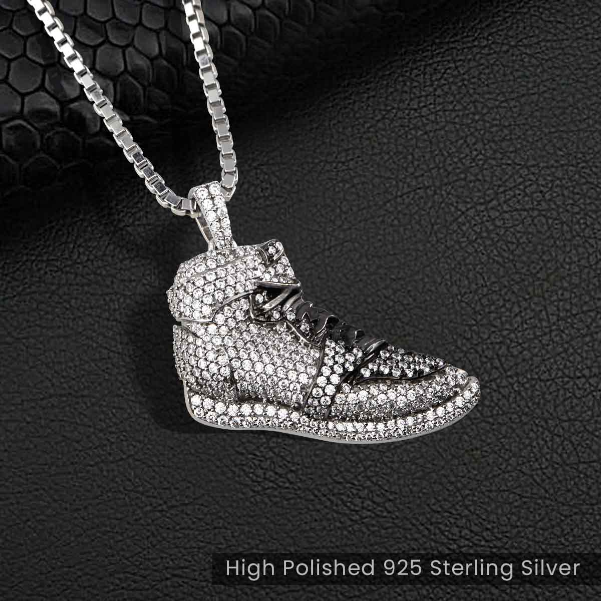 Iced Out Shoe Necklace Hip Hop Jewelry Sneaker Pendant Two Tone Sterling Silver Diamond