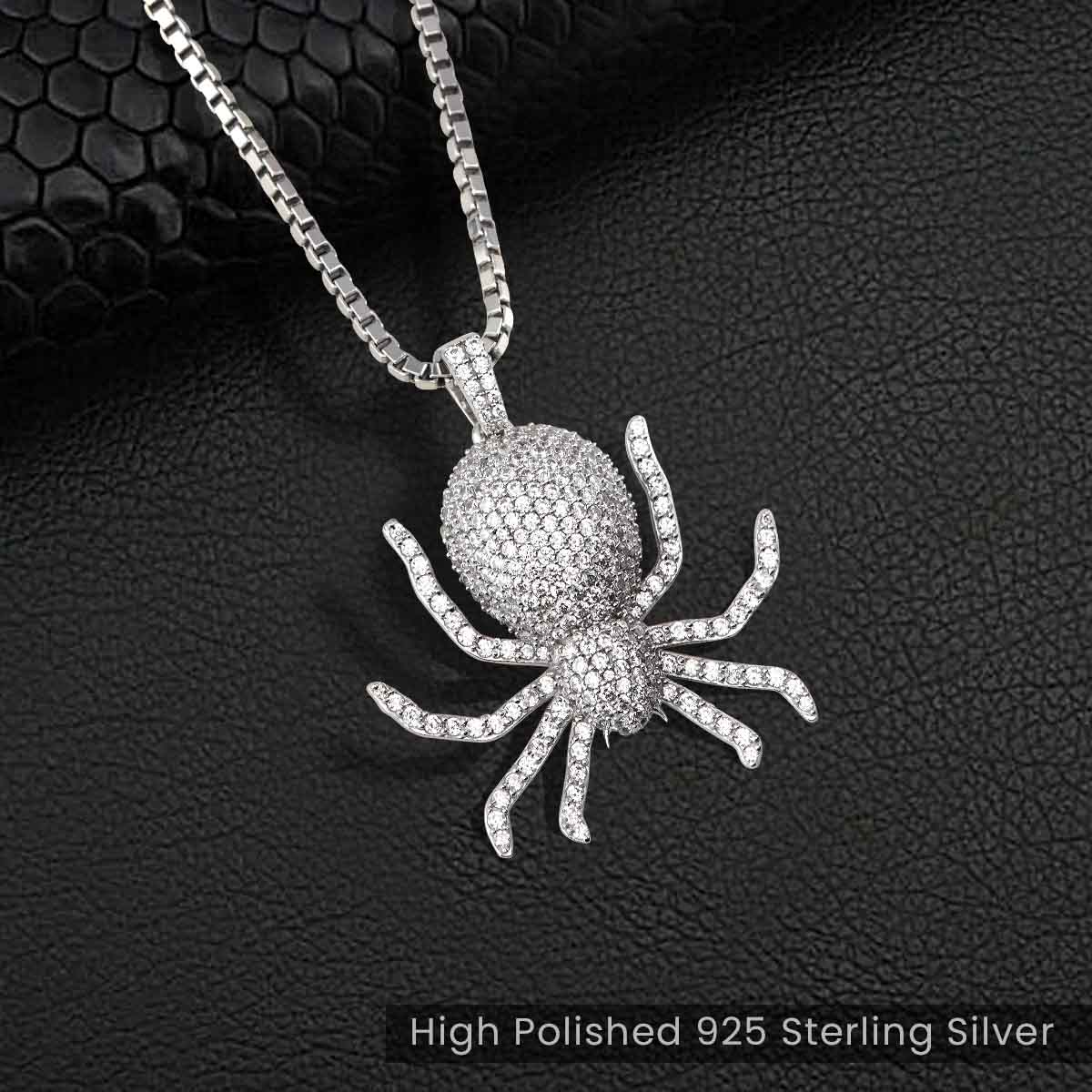 Iced Out Spider Pendant Necklace Unisex CZ Diamond Sterling Silver Hip Hop Gothic Jewelry