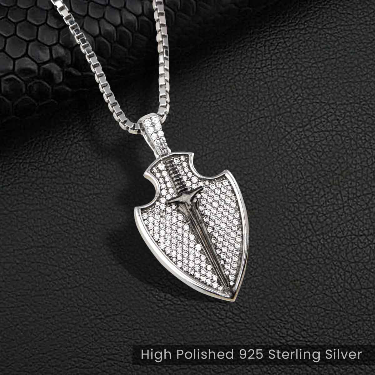 Shield with Sword Necklace Two Tone Iced Out Pendant Viking Jewelry Sterling Silver