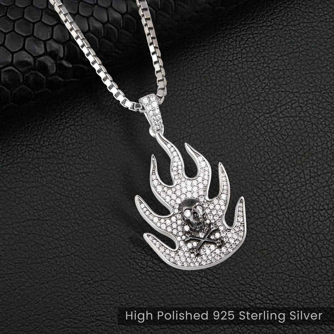 Two Tone Flaming Skull Necklace Diamond Iced Out Gothic Pendant Sterling Silver