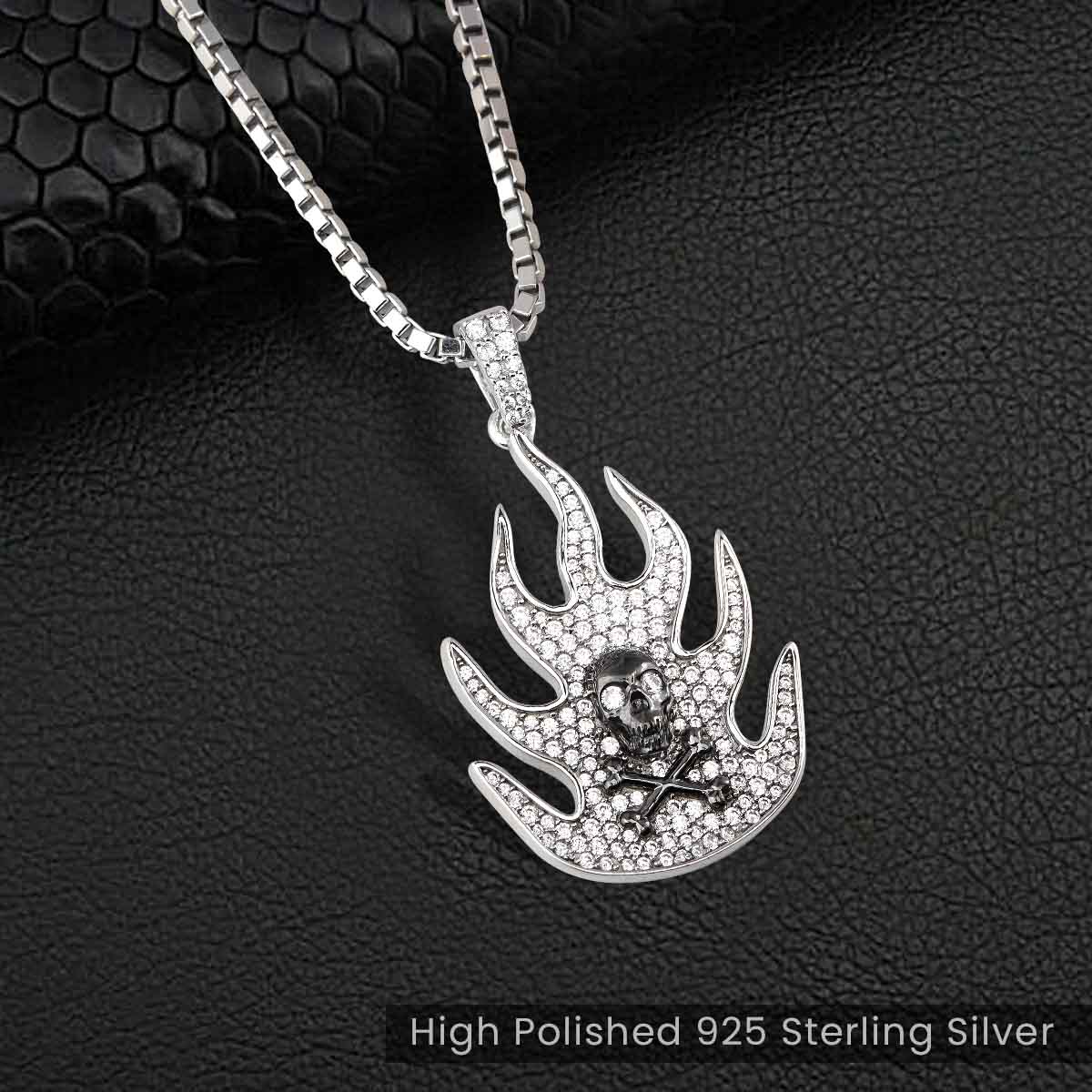 Two Tone Flaming Skull Necklace Diamond Iced Out Gothic Pendant Sterling Silver