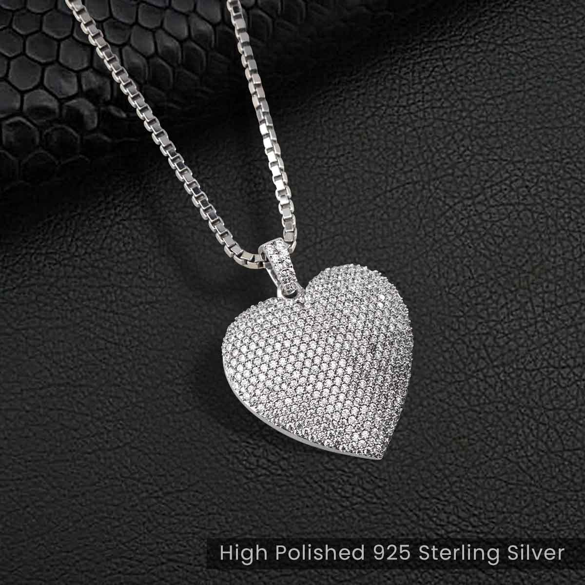 Iced Out Heart Pendant Necklace AAA CZ Diamond Sterling Silver Hip Hop Jewelry