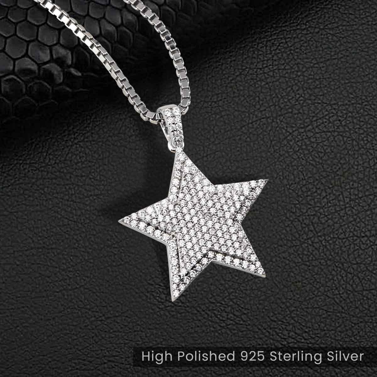 Iced Out Star Necklace Celestial Star Pendant Hip Hop Jewelry Diamond Sterling Silver