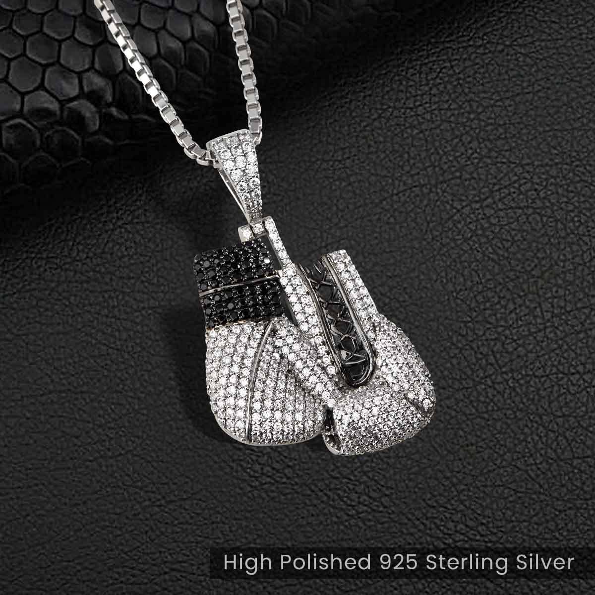 Boxing Gloves Pendant Necklace Iced Out Hip Hop Jewelry Unisex Sterling Silver Diamond