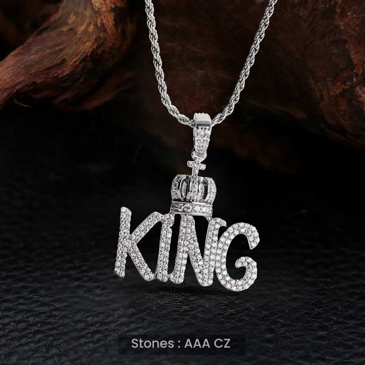 Iced Out KING Pendant Necklace with Crown 925 Sterling Silver