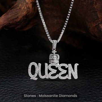Moissanite Iced Out QUEEN Necklace with Crown Hip Hop Jewelry