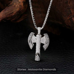Two Tone Viking Axe Necklace Moissanite Iced Out Pendant Silver