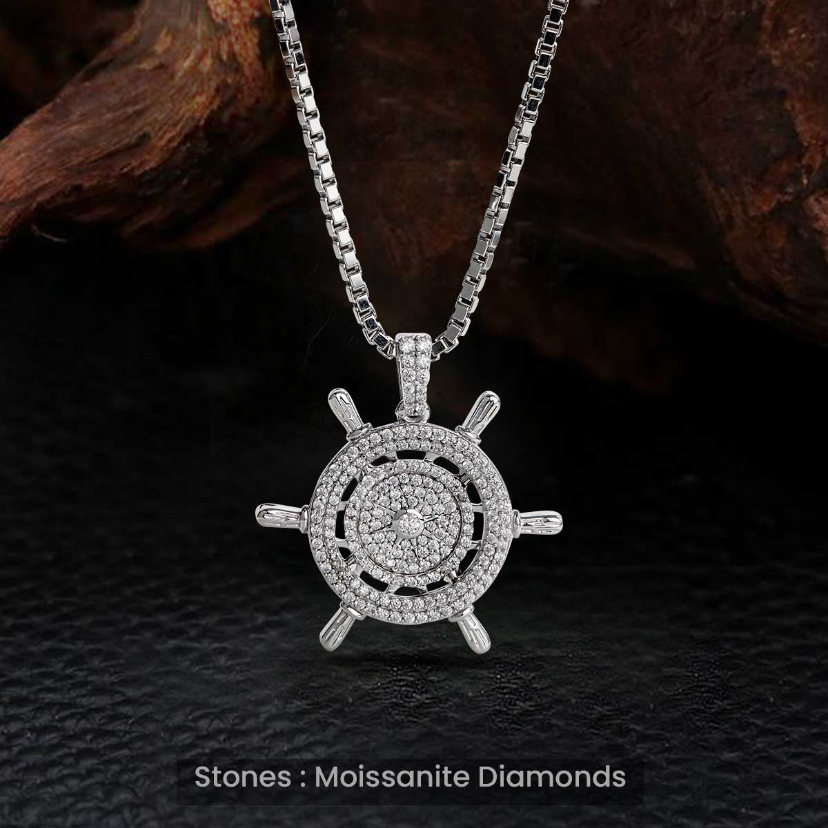 Steering Wheel Pendant Necklace Moissanite Iced Out Hip Hop Style Nautical Jewelry