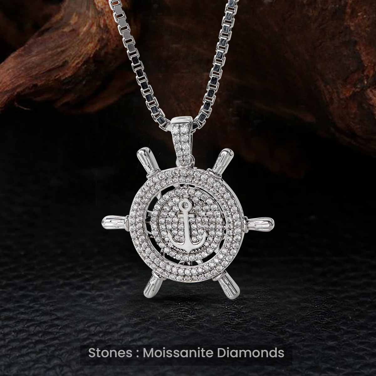 Steering Wheel and Anchor Moissanite Iced Out Pendant Necklace Sterling Silver