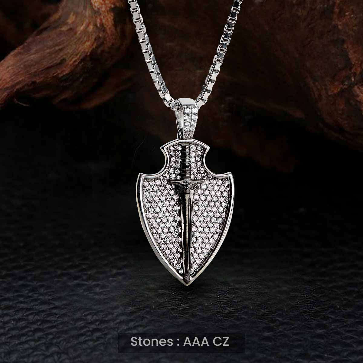 Shield with Sword Necklace Two Tone Iced Out Pendant Viking Jewelry Sterling Silver