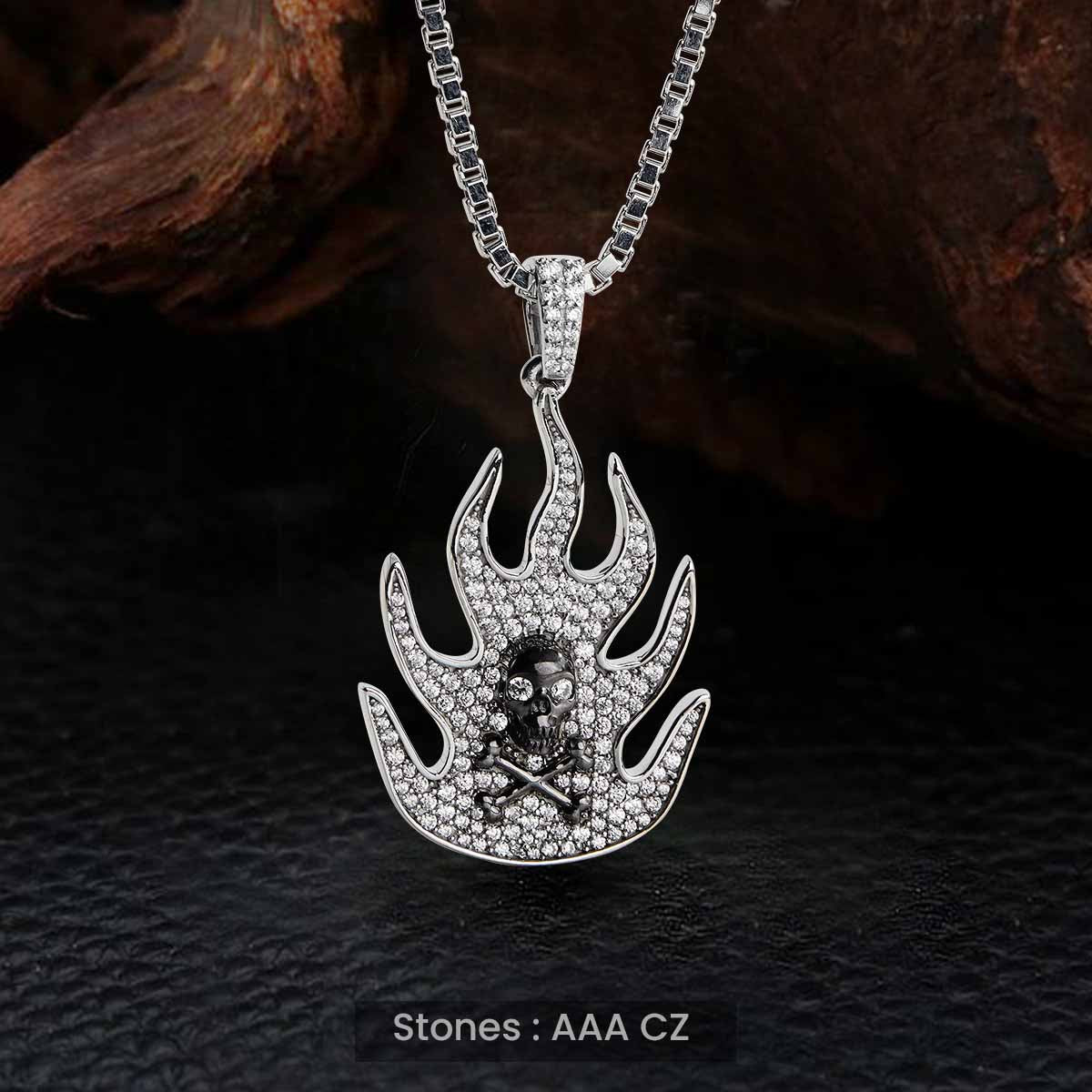 Two Tone Flaming Skull Necklace Diamond Iced Out Gothic Pendant Sterling Silver