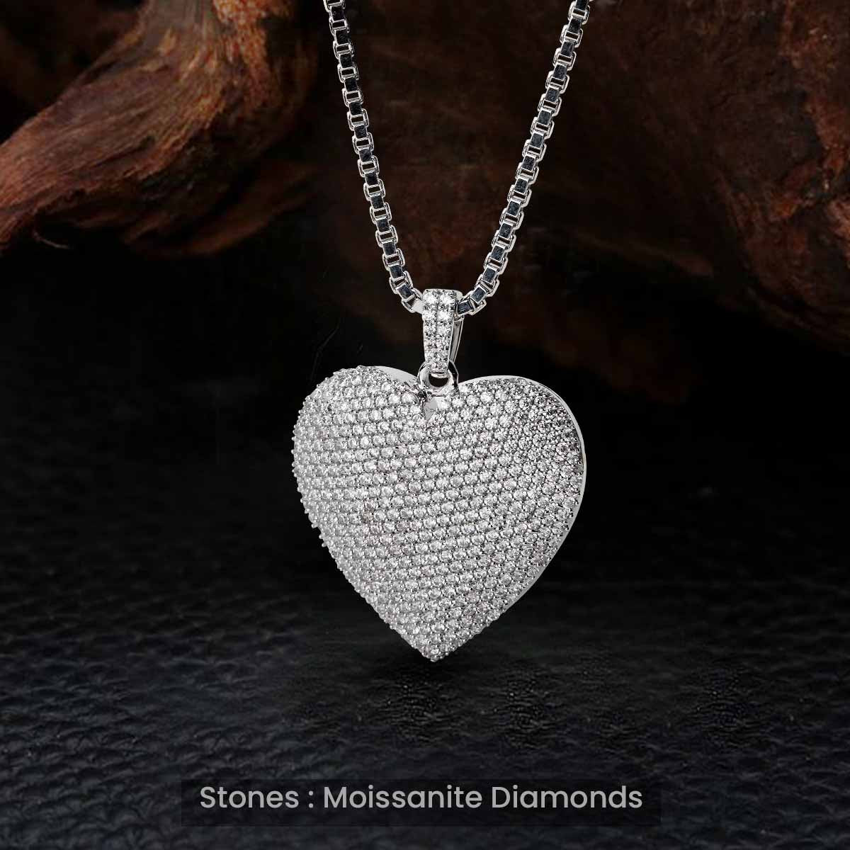 Iced Heart Pendant Necklace Moissanite Diamonds Sterling Silver