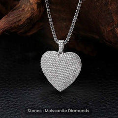 Iced Heart Pendant Necklace Moissanite Diamonds Sterling Silver