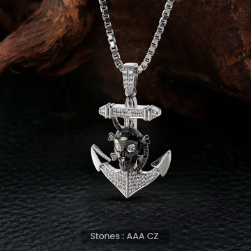 Skull and Anchor Necklace Two Tone Iced Out Gothic Jewelry Sterling Silver