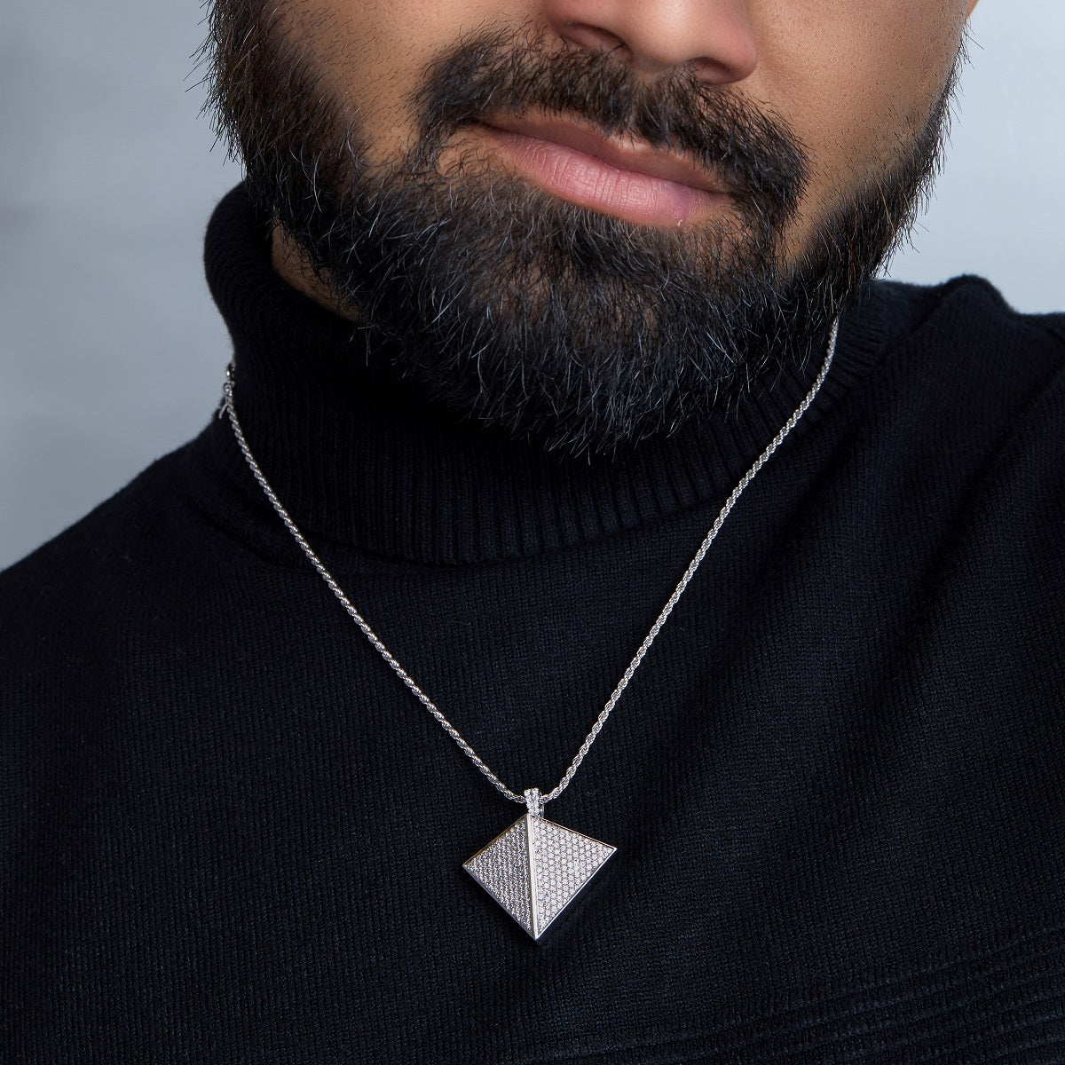 Iced Out Triangular Pendant Necklace Diamond Sterling Silver Unisex Hip Hop Jewelry