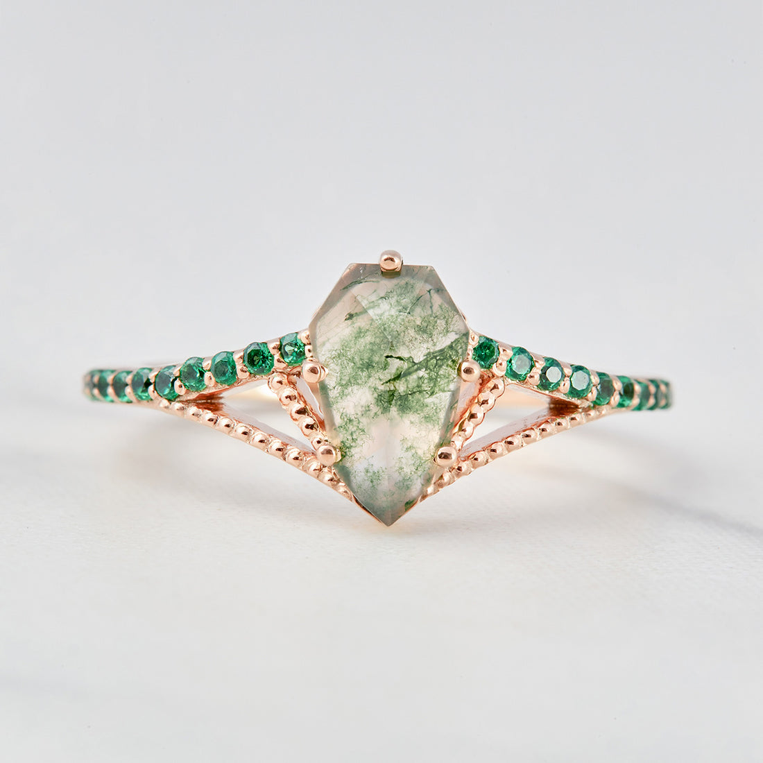 Shield Cut Moss Agate Engagement Ring
