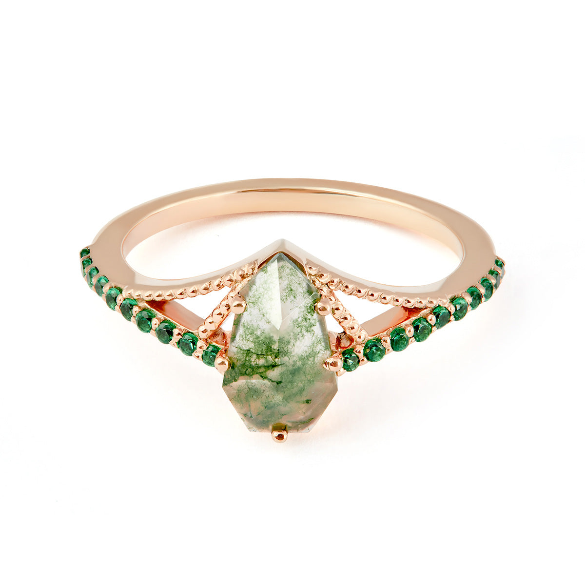 Shield Cut Moss Agate Engagement Ring For Women Rose Gold
