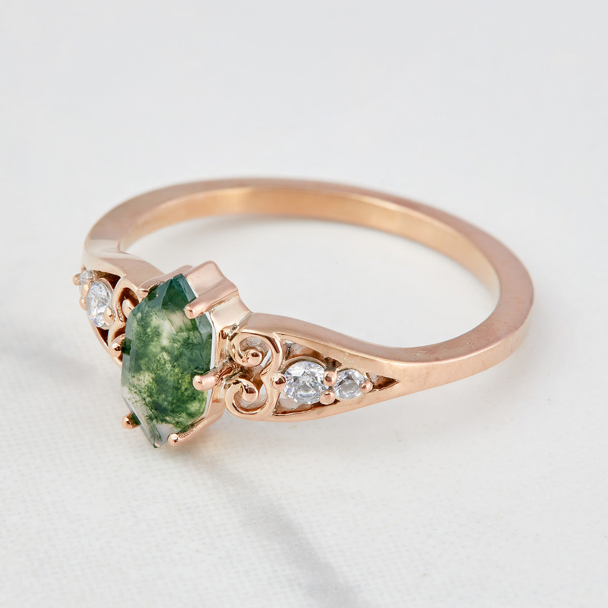 1.20CT Moss Agate Engagement Ring Set Hexagon Cut Rose Gold