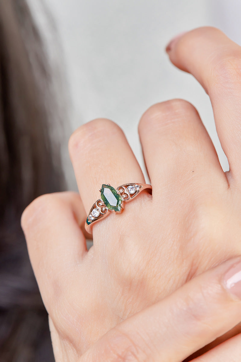 1.20CT Moss Agate Engagement Ring Set Hexagon Cut Rose Gold