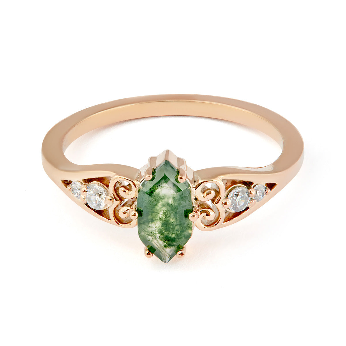 Elegant rose gold ring featuring a green moss agate stone and ornate filigree side details.