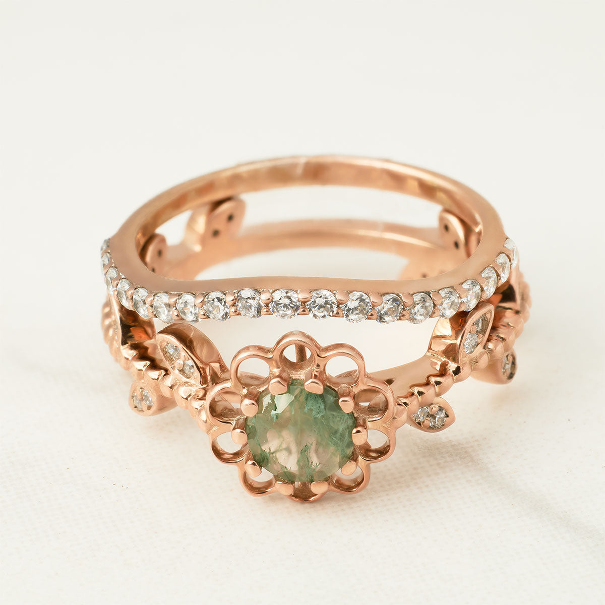 Moss Agate Flower Engagement Ring Set