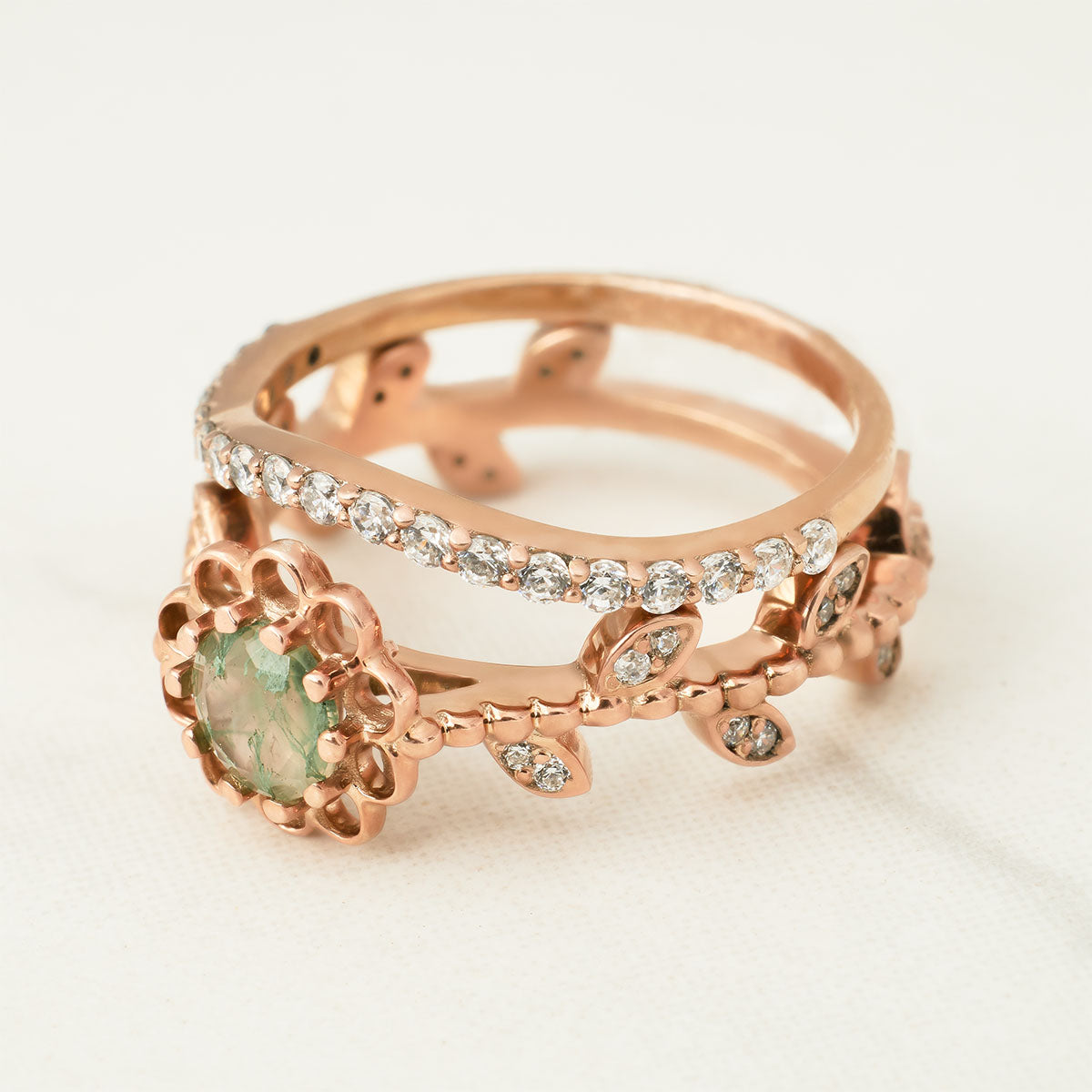 Moss Agate Flower Engagement Ring Set