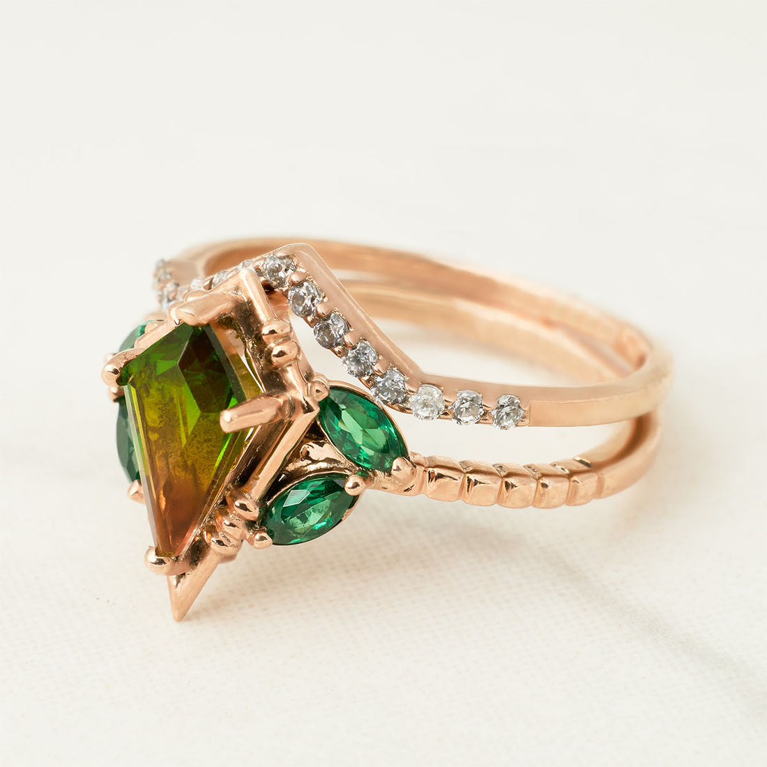 Kite Cut Engagement Ring Set Doublet Gemstone Bridal Ring Sets