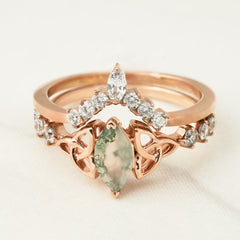Moss Agate Bridal Ring Set Marquise Cut Celtic Engagement Ring