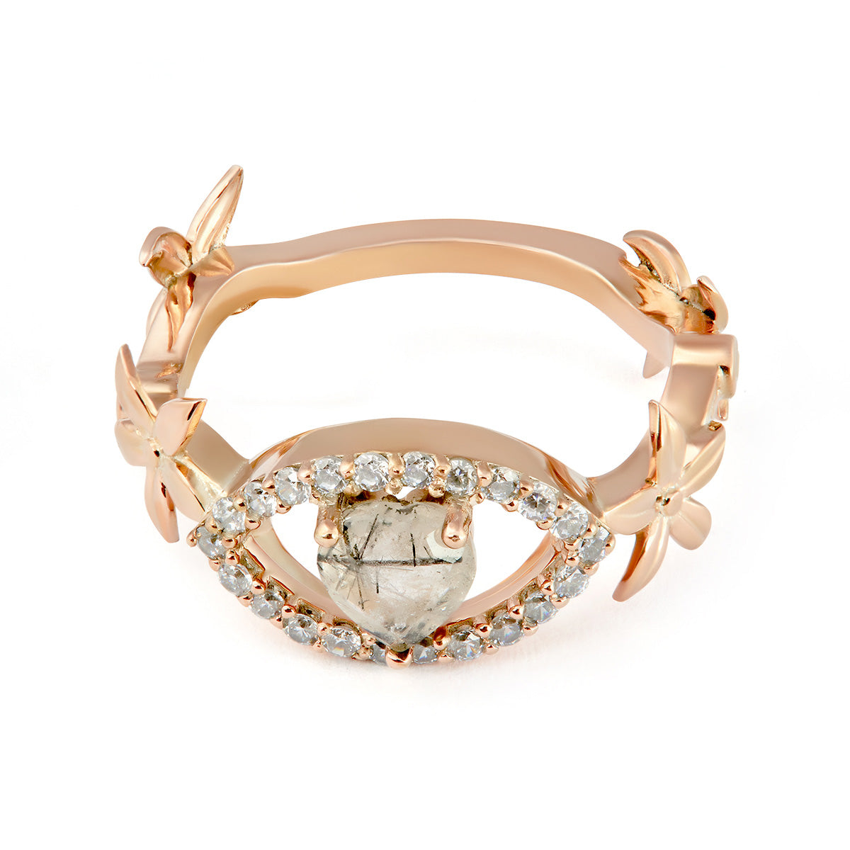 Floral rose gold band featuring a marquise-shaped diamond halo and a natural quartz stone.