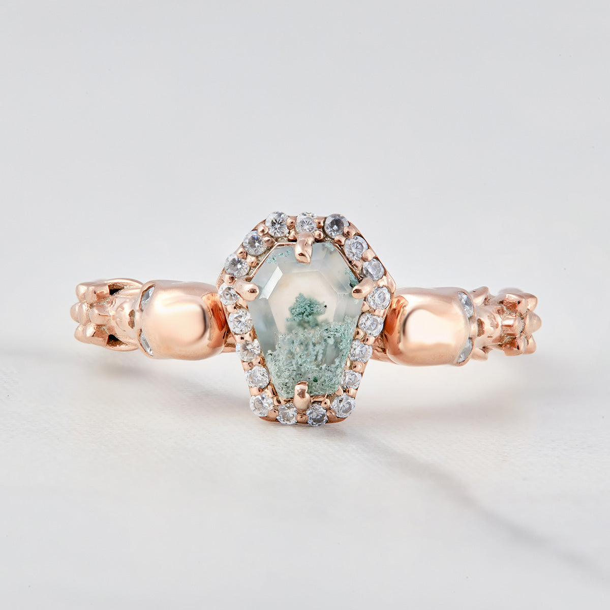 Coffin Moss Agate Skull Engagement Ring