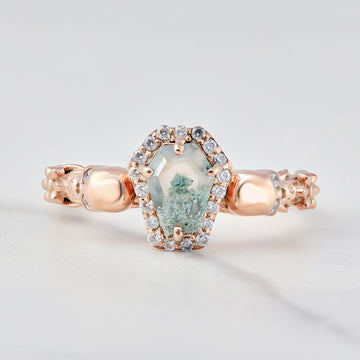 Coffin Moss Agate Skull Engagement Ring
