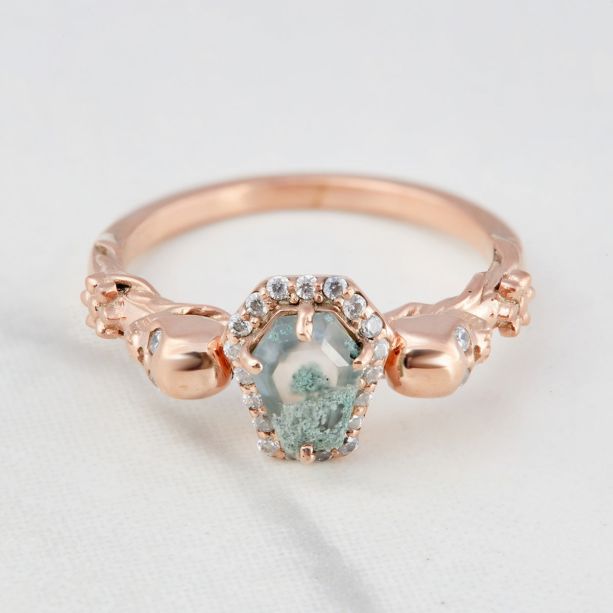 Coffin Moss Agate Skull Engagement Ring Set