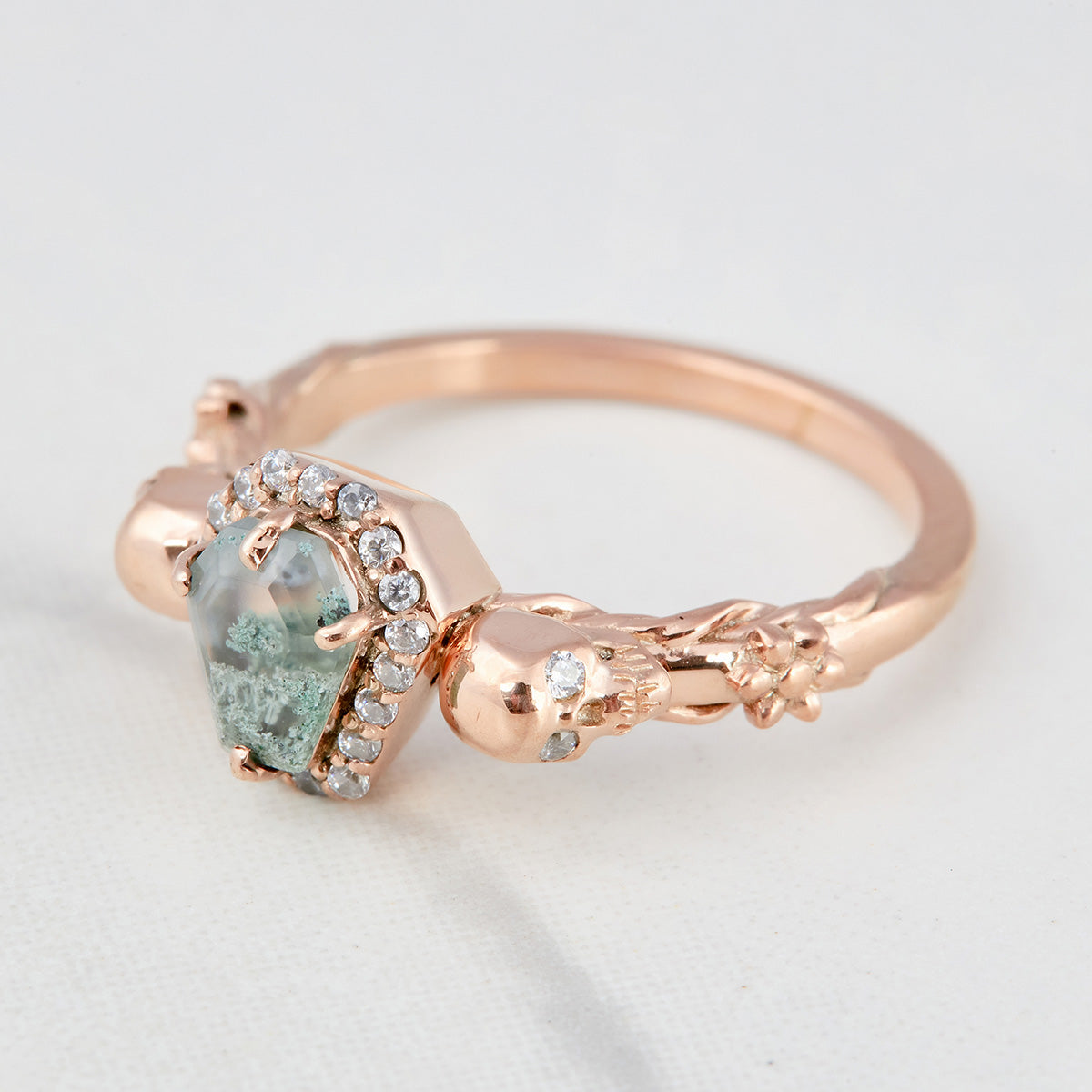 Coffin Moss Agate Skull Engagement Ring