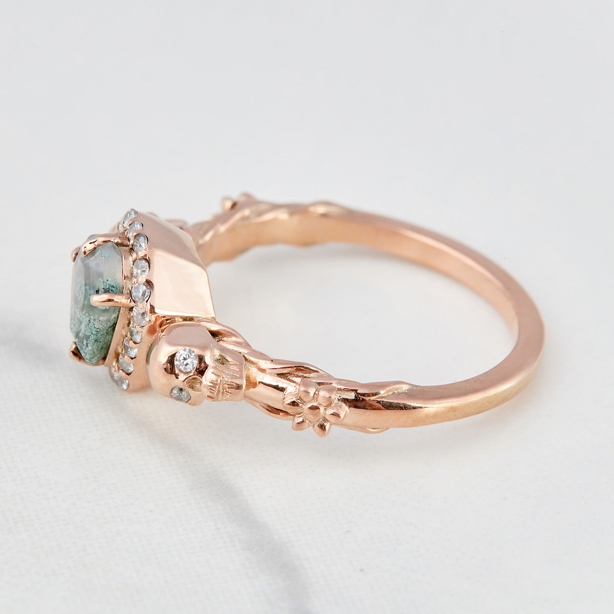 Coffin Moss Agate Skull Engagement Ring