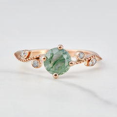 Natural Moss Agate Engagement Ring Leaf Vine Floral Ring Gold